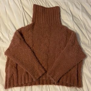 Fuzzy Cable Knit Turtleneck Sweater in Rust